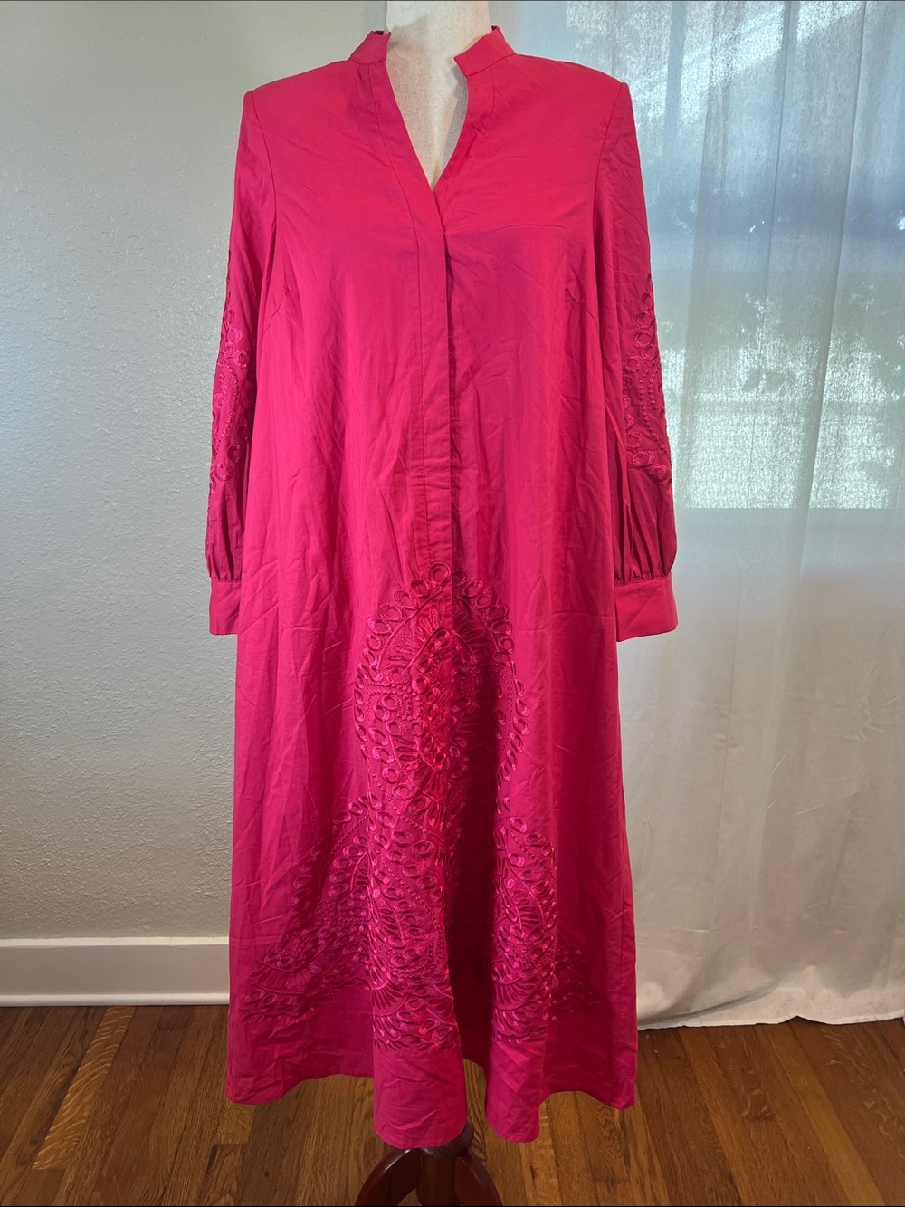 Hyacinth House Bright Pink Embroidered Maxi Dress with Mandarin Collar. Size S